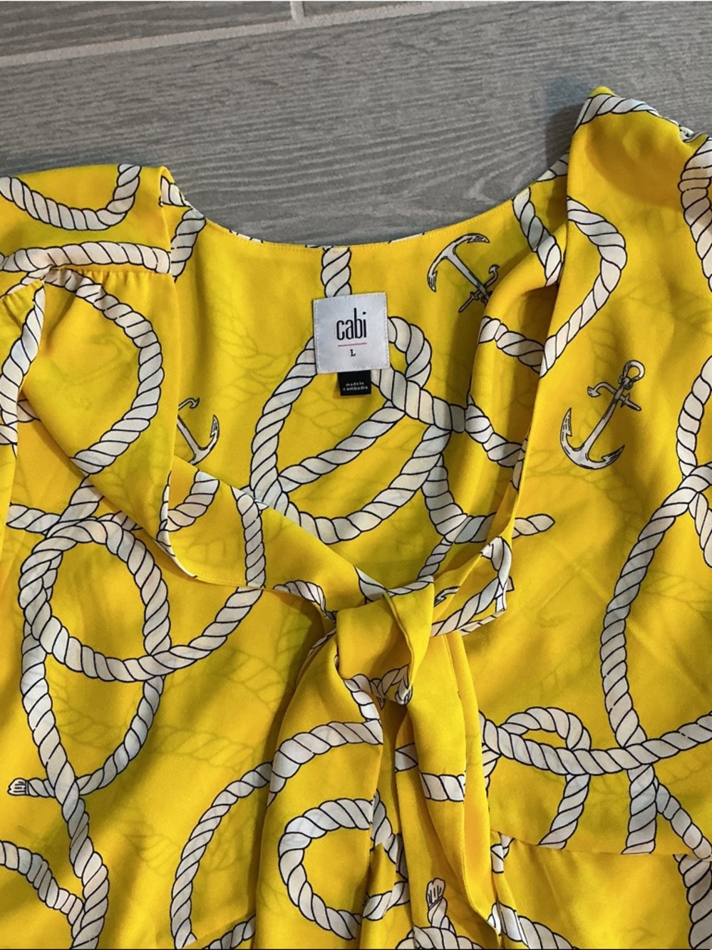 CAbi Yellow Rope & Anchor Tie-Neck Blouse Women’sll Sz Large 
100% polyester - Picture 2 of 5